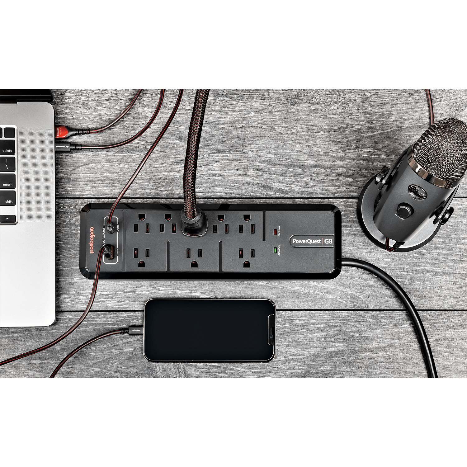 AudioQuest PowerQuest G8 strømskinne 8 uttak USB overspenningsvern